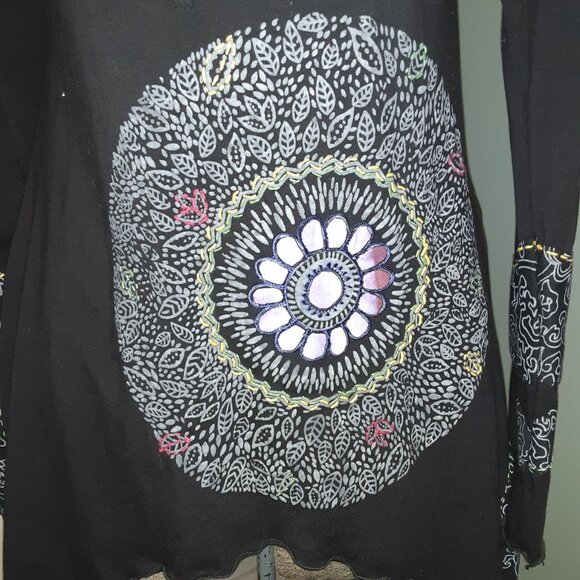 VINTAGE JAYLI NEPAL BOHO BLACK HOODED TUNIC SCREEN PRINT EMBROIDERY UNEVEN HEM M - Picture 3 of 7
